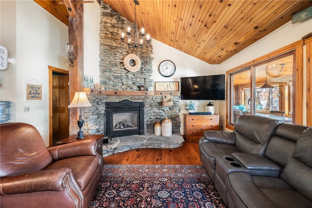 living room with a stone fireplace, wood ceiling, high vaulted ceiling, and wood-type flooring