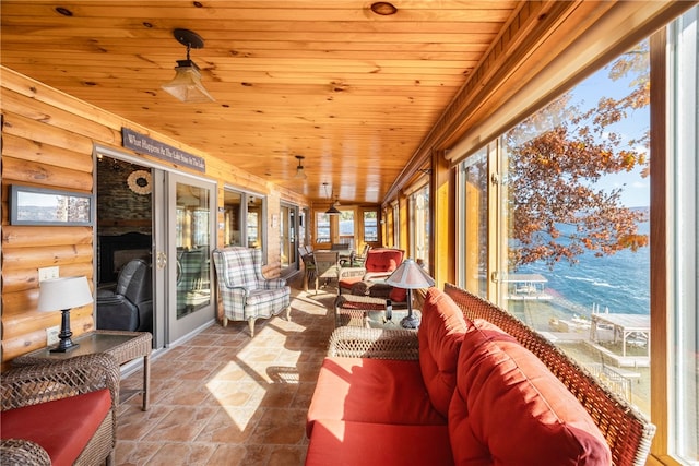 sunroom with wooden ceiling