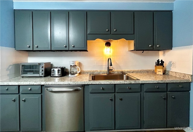 kitchen with stainless steel dishwasher, sink, and tasteful backsplash