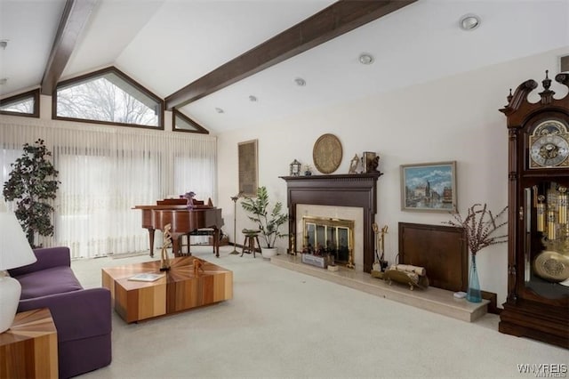 carpeted living room featuring lofted ceiling with beams