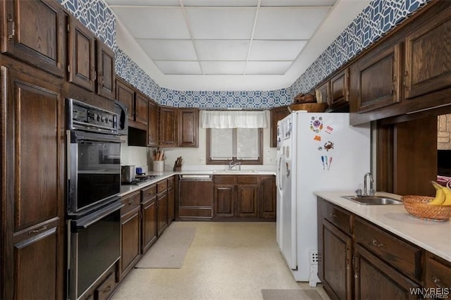 kitchen with sink, a paneled ceiling, dark brown cabinetry, white refrigerator, and black double oven