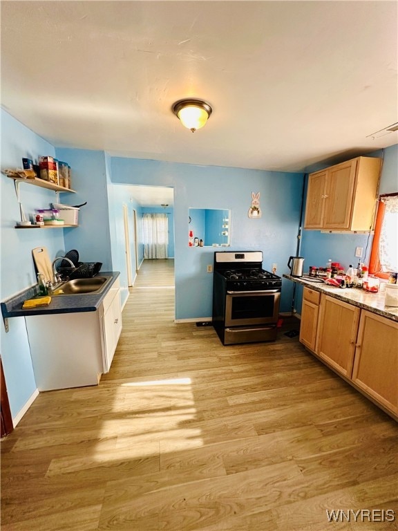 kitchen featuring light hardwood / wood-style floors, sink, and stainless steel range with gas stovetop