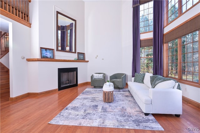 living room with a high ceiling and light wood-type flooring