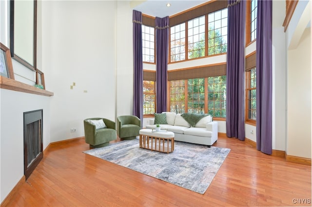 living room with a high ceiling and light wood-type flooring