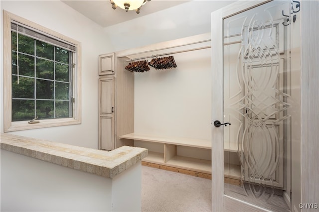 mudroom featuring light colored carpet