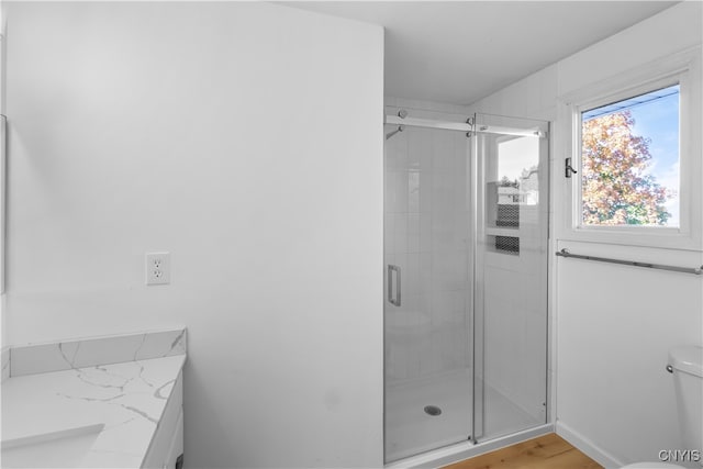 bathroom with hardwood / wood-style flooring, a shower with shower door, vanity, and toilet