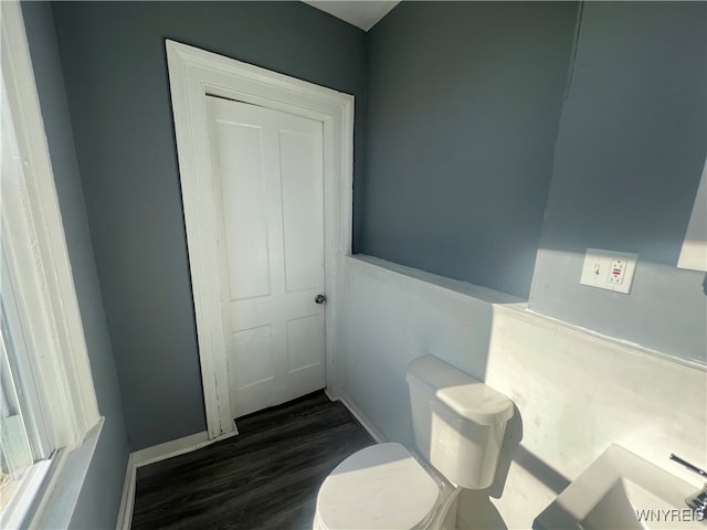 bathroom with toilet and hardwood / wood-style floors