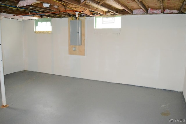 basement with electric panel and a wealth of natural light