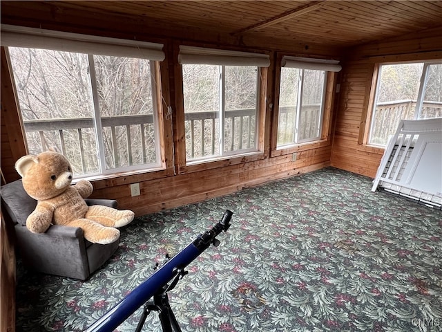 sunroom with wooden ceiling