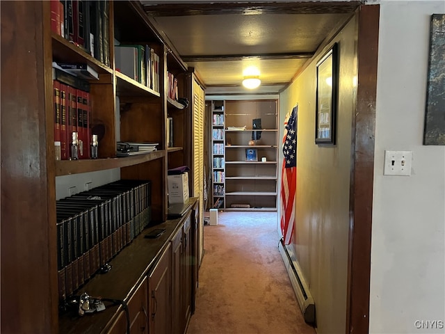 wine area featuring carpet flooring and a baseboard heating unit