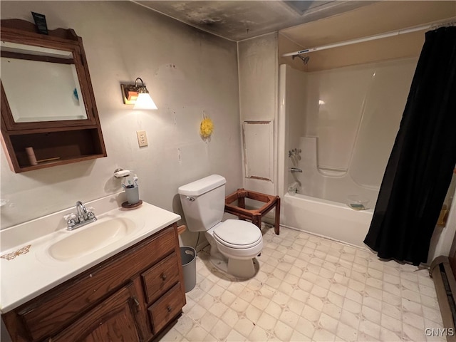 full bathroom featuring vanity, shower / bath combination with curtain, and toilet