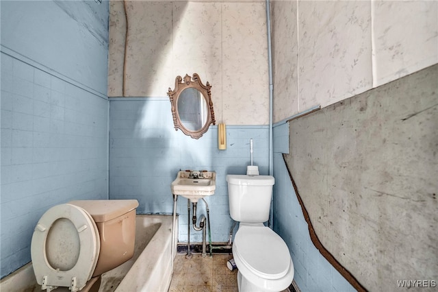 bathroom featuring toilet and a washtub