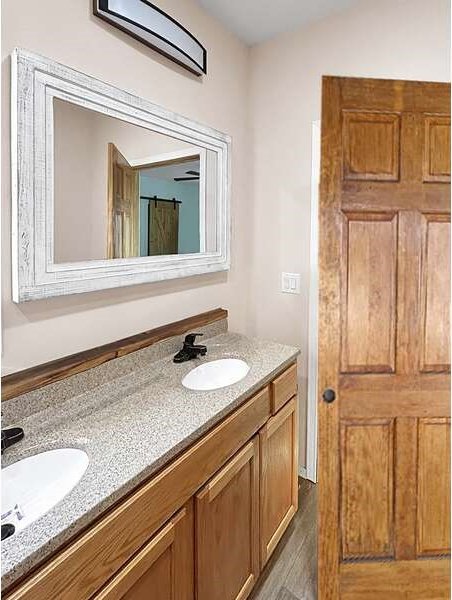 bathroom featuring vanity and hardwood / wood-style floors