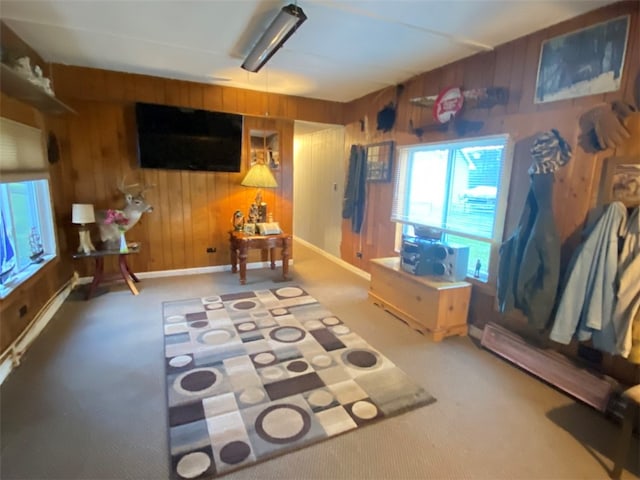 carpeted living room with wood walls