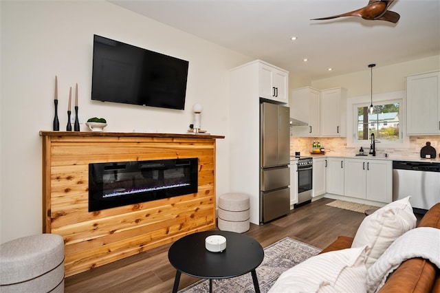 living room with dark hardwood / wood-style flooring and sink