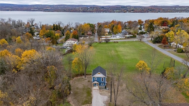 aerial view featuring a water view