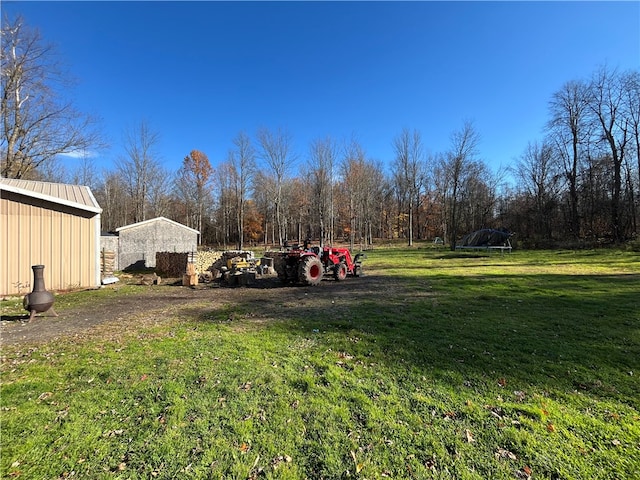 view of yard featuring a storage shed