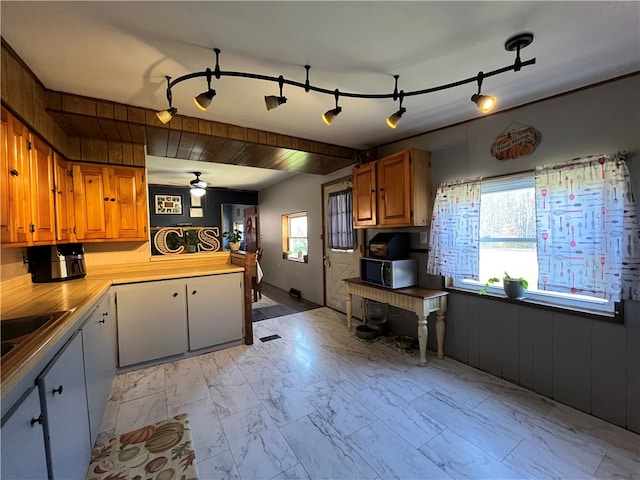 kitchen featuring ceiling fan and sink