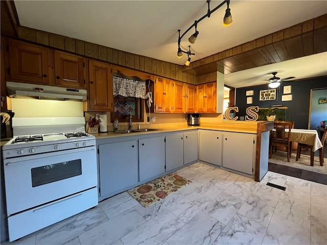 kitchen with ceiling fan, gas range gas stove, and sink