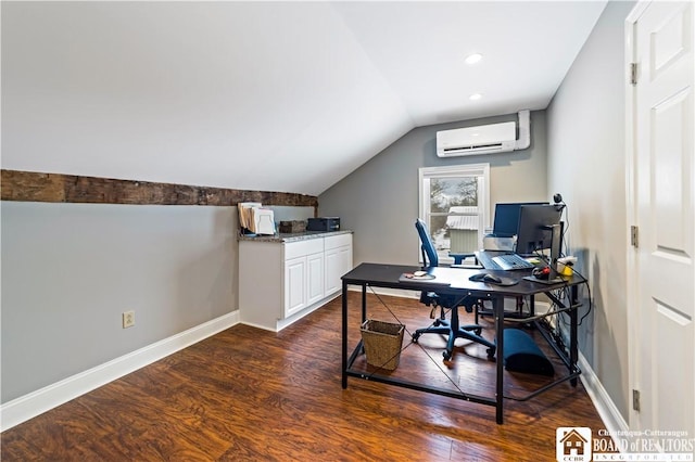 office space featuring vaulted ceiling, a wall mounted AC, and dark wood-type flooring