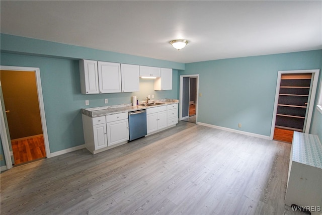 kitchen featuring white cabinets, light hardwood / wood-style flooring, and dishwasher