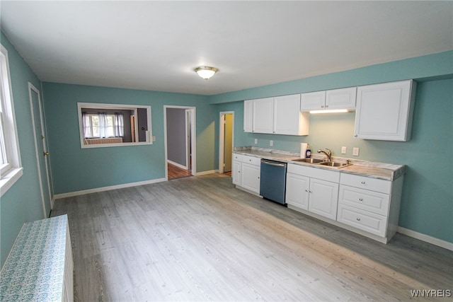 kitchen featuring dishwasher, light wood-type flooring, sink, and white cabinets