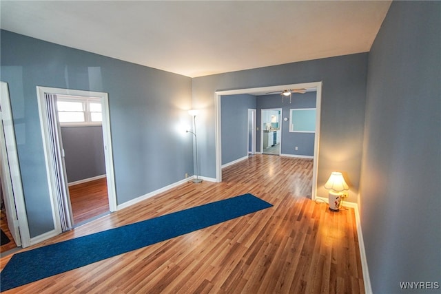 workout room featuring wood-type flooring and ceiling fan