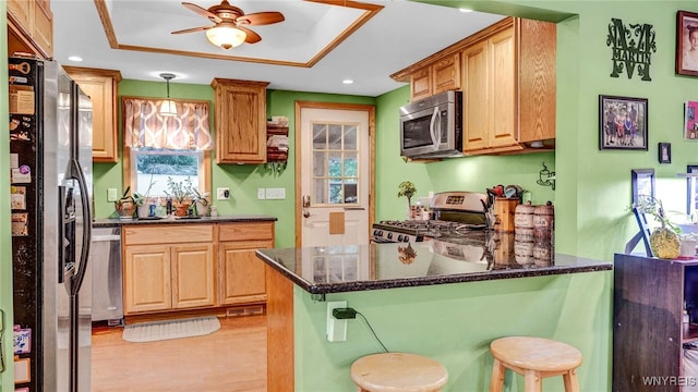 kitchen with light hardwood / wood-style flooring, kitchen peninsula, a breakfast bar area, and stainless steel appliances