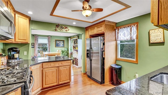 kitchen featuring stainless steel appliances, dark stone counters, kitchen peninsula, ceiling fan, and light hardwood / wood-style flooring