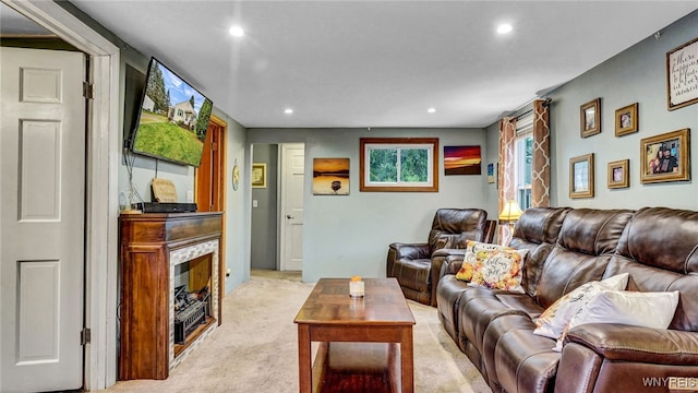 living room featuring light colored carpet