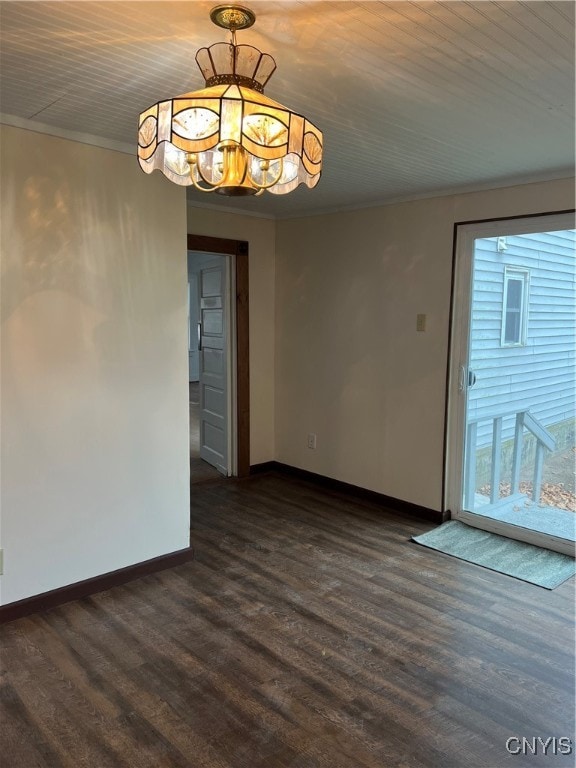 unfurnished dining area featuring dark hardwood / wood-style flooring, wood ceiling, and ornamental molding