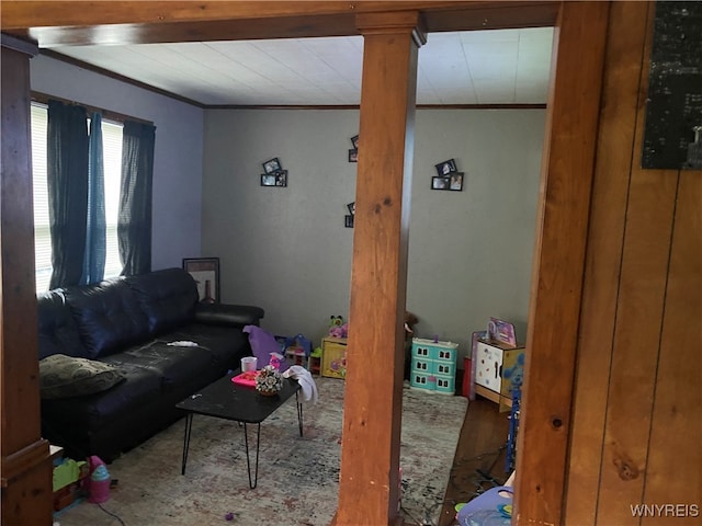 living room featuring hardwood / wood-style floors and crown molding