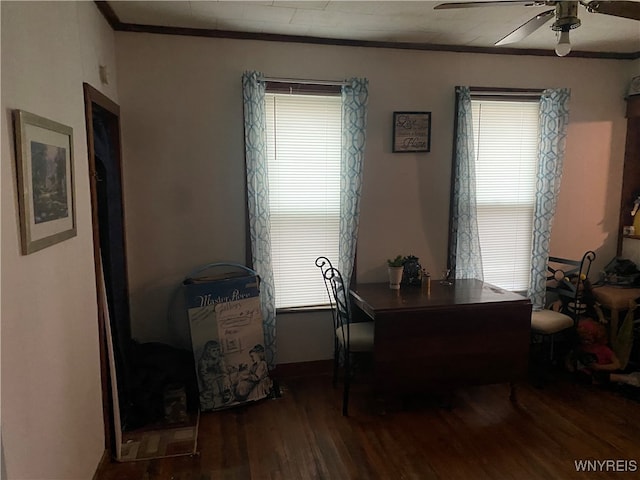 office space featuring ceiling fan, wood-type flooring, and ornamental molding