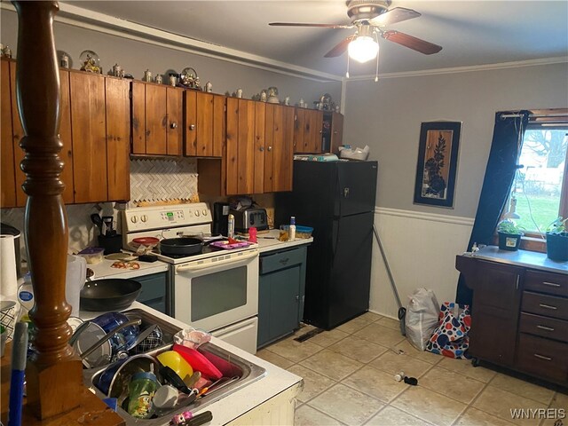 kitchen featuring ornamental molding, white range with electric cooktop, light tile patterned floors, black refrigerator, and ceiling fan