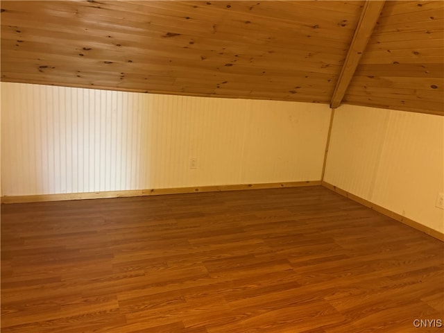 bonus room with hardwood / wood-style flooring, wooden walls, vaulted ceiling with beams, and wood ceiling