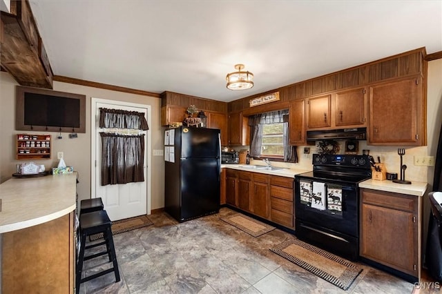 kitchen featuring sink, tasteful backsplash, ornamental molding, and black appliances