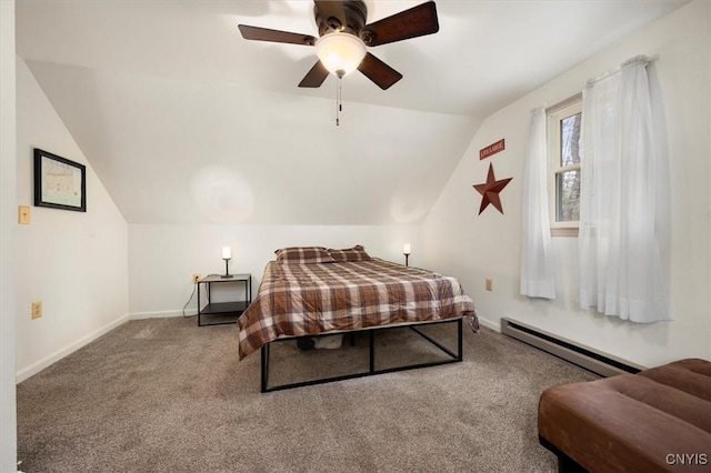 bedroom with baseboard heating, ceiling fan, carpet, and vaulted ceiling