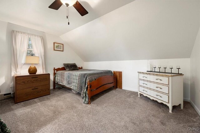 carpeted bedroom featuring ceiling fan and lofted ceiling