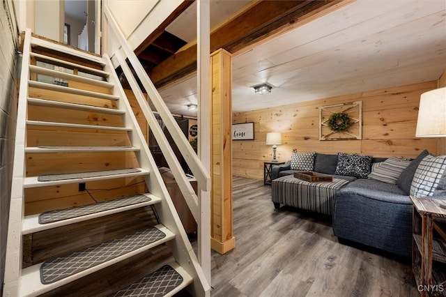 stairs with wood walls and wood-type flooring