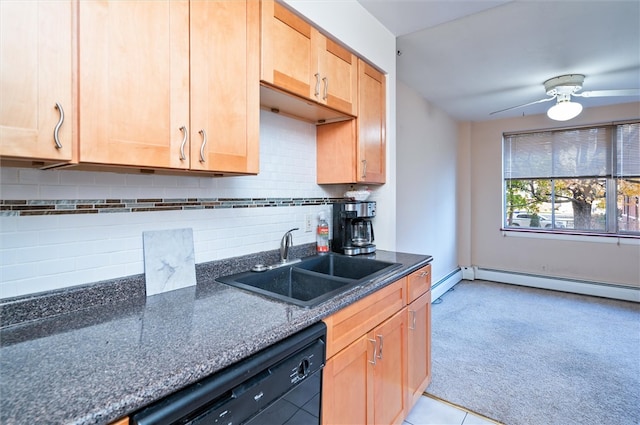 kitchen with decorative backsplash, sink, dishwasher, dark stone countertops, and ceiling fan