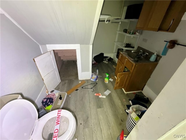 353 S James St, Wilna, NY 13619 - bathroom with wood finished floors and lofted ceiling