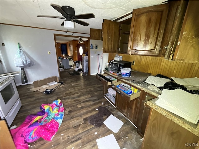 kitchen featuring electric stove, ceiling fan, and dark hardwood / wood-style floors