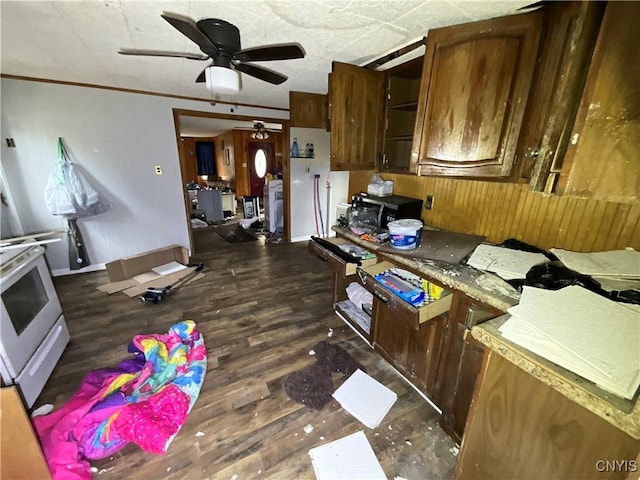 353 S James St, Wilna, NY 13619 - kitchen featuring a ceiling fan, wood finished floors, and wooden walls