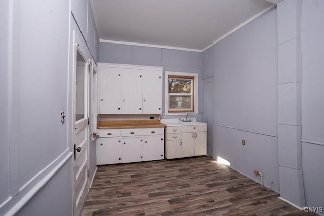 kitchen with white cabinetry, ornamental molding, and dark wood-type flooring