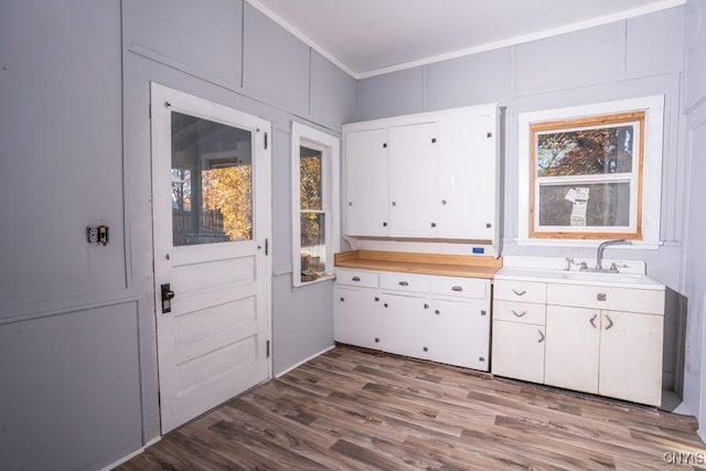 kitchen featuring sink, hardwood / wood-style flooring, ornamental molding, and white cabinets