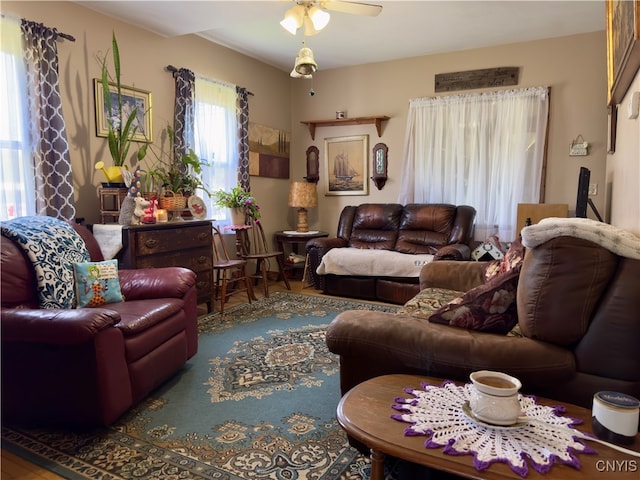 living room featuring ceiling fan