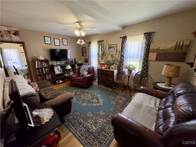 living room with hardwood / wood-style flooring, ceiling fan, and plenty of natural light