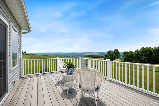 wooden terrace with a lawn