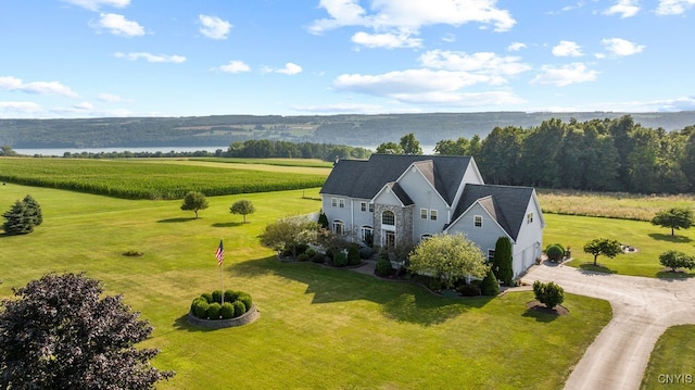 bird's eye view with a rural view and a water view