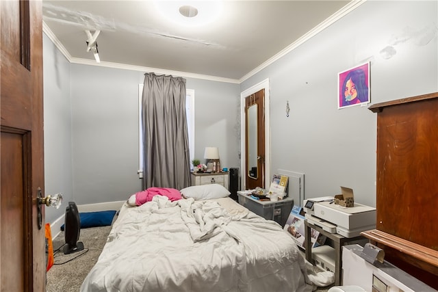 carpeted bedroom with crown molding